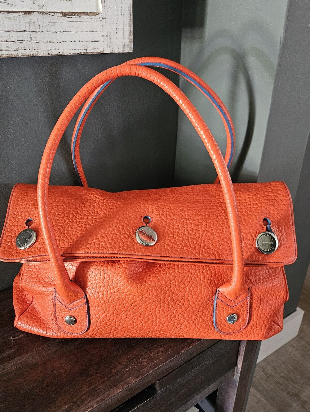 Tanner Krolle London Vintage Orange Pebbled Leather Shoulder Bag | Blue Suede In